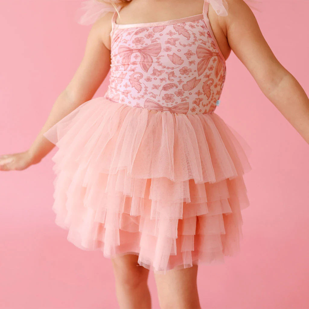 Floral Ribbons Pink Ruffled Smocked Girl Tulle Dress | Adelaide | Posh Peanut