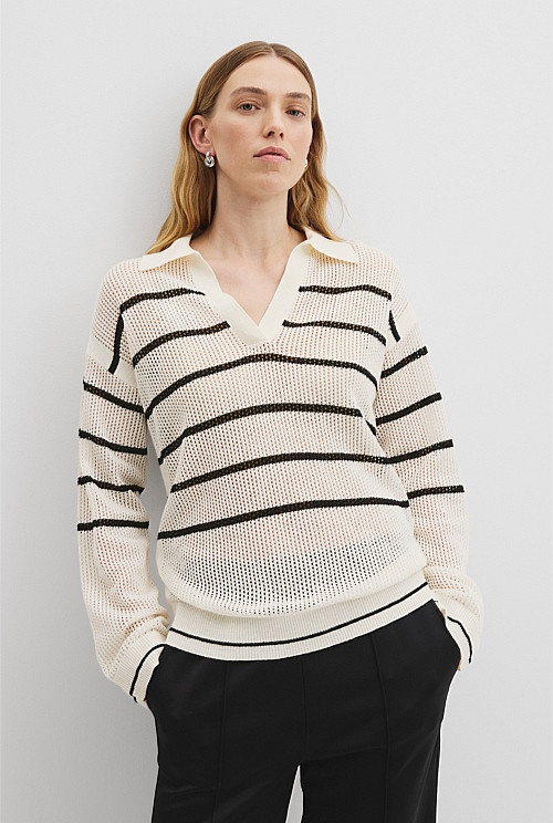 Organically Grown Cotton Linen Stripe Mesh Long Sleeve Polo Knit | Country Road