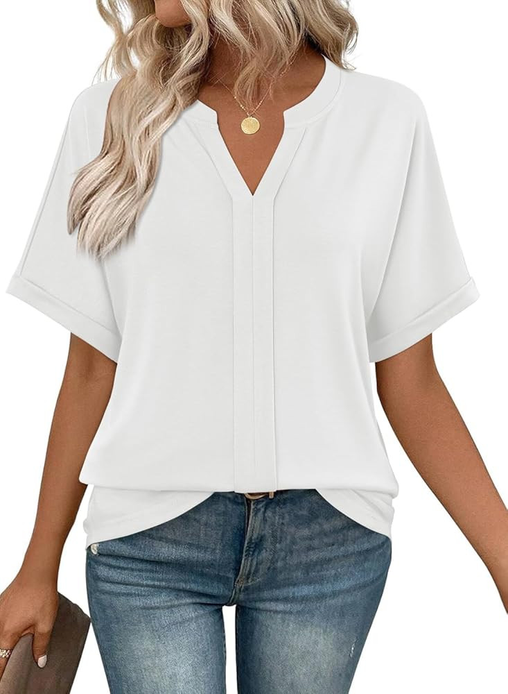 MIHOLL Womens Tops Dressy Casual Short Sleeve V Neck Pleated Tshirts Summer Oversized Loose Fit T... | Amazon (US)