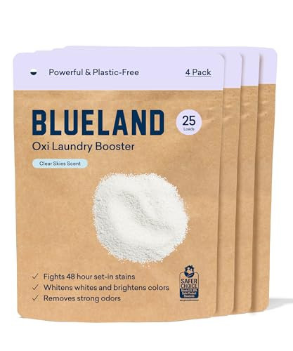 BLUELAND Oxi Laundry Booster Powder Refill 4 Pack - Plastic-Free & Eco Friendly Oxy Cleaner - Plant Based Stain Remover - Clear Skies Scented - 70.4oz, 100 Loads | Amazon (US)