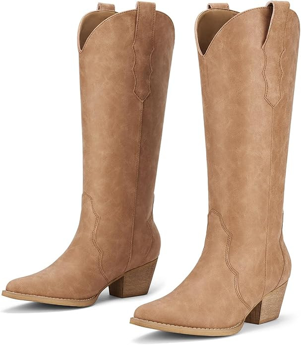 Rollda Cowboy Boots for Women Embroidered Cowgirl Boots Knee-High Western Boots with Chunky Heel | Amazon (US)