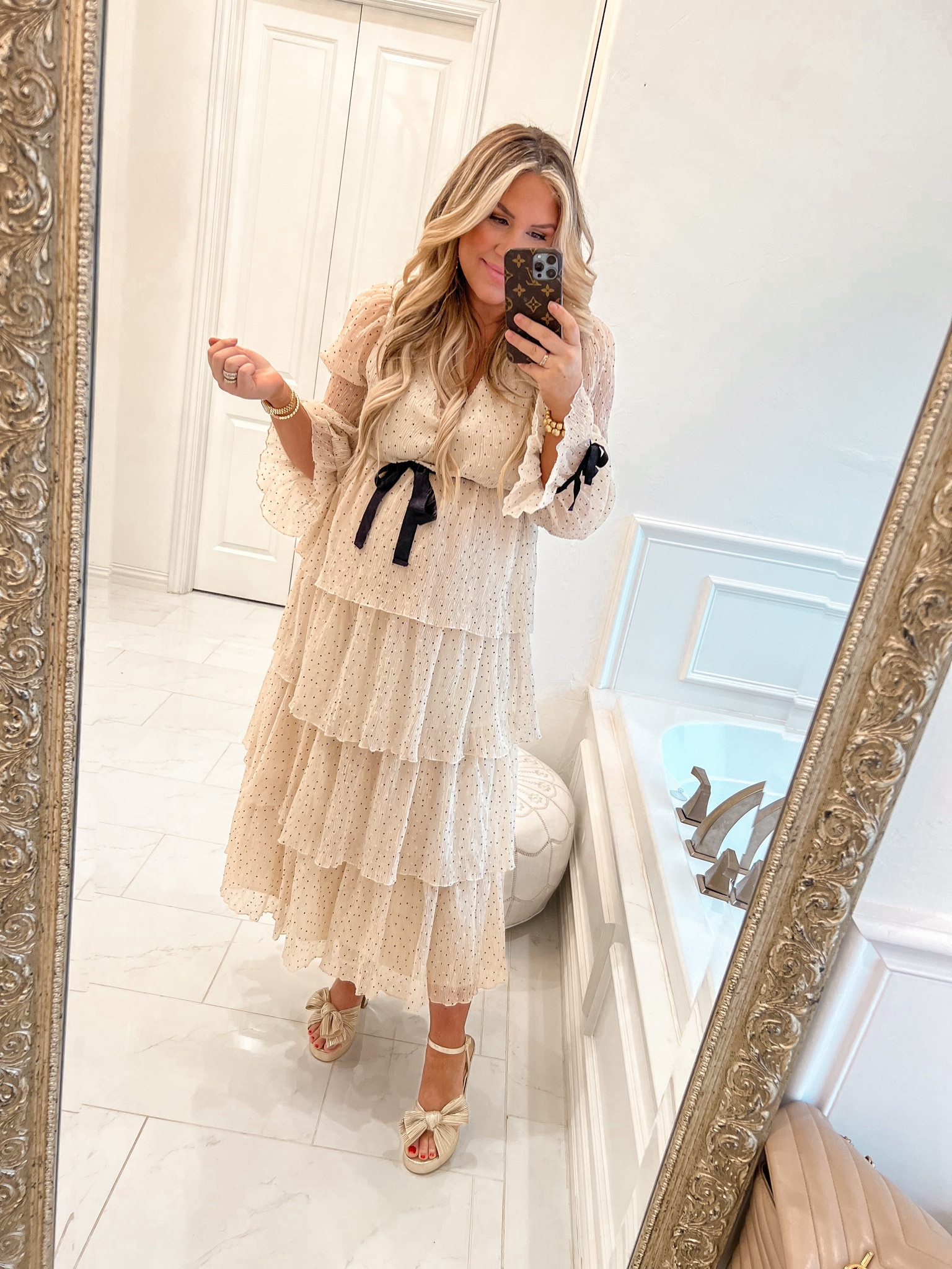 Wearing a medium to make bump friendly! 
Heels fit tts! 

#LTKHoliday #LTKshoecrush #LTKstyletip