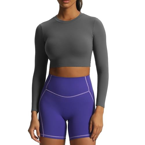 Aoxjox Long Sleeve Crop Tops for Women Classic Longline Workout Cropped T Shirt Top Length (Iron Grey, Medium) | Amazon (US)
