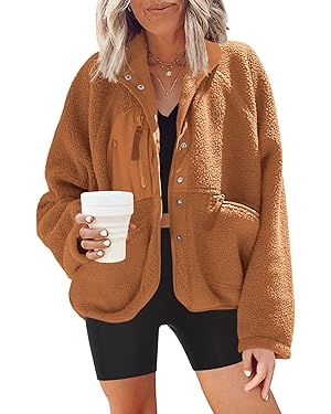 Nirovien Womens Fuzzy Fleece Jacket Button Down Shacket Casual Sherpa Coats Warm Outwear With Poc... | Amazon (US)