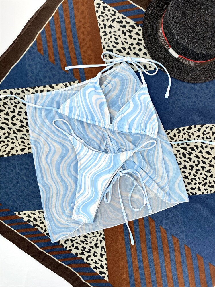 3pack Water Wave Print Bikini Swimsuit & Cover Up | SHEIN