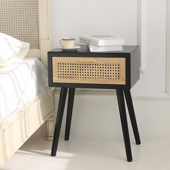 AWASEN Mid Century Nightstand, Wood Side Table Living Room One Rattan Drawer, Accent Table with S... | Amazon (US)