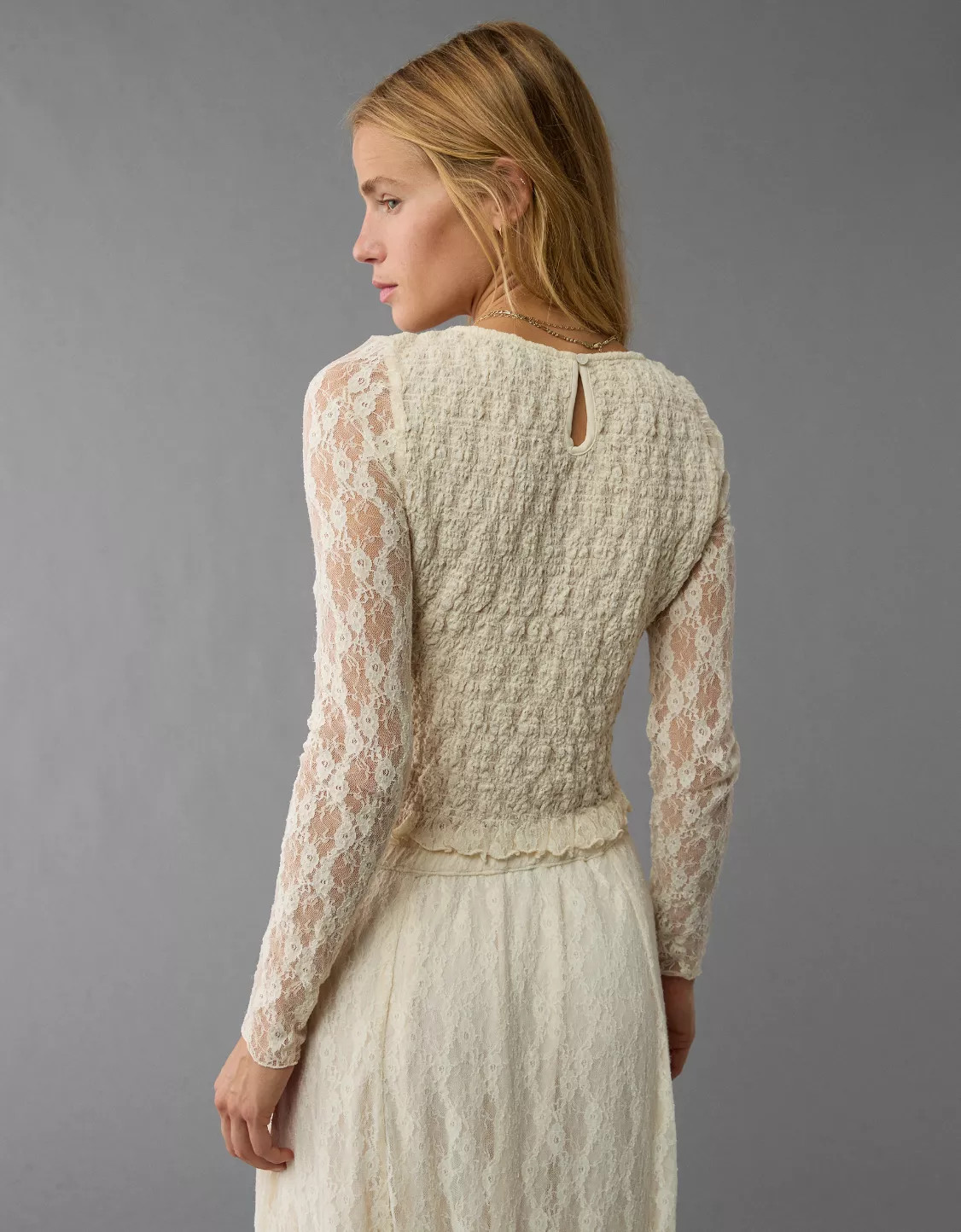 AE Long-Sleeve Lace Smocked Shirt | American Eagle Outfitters (US & CA)