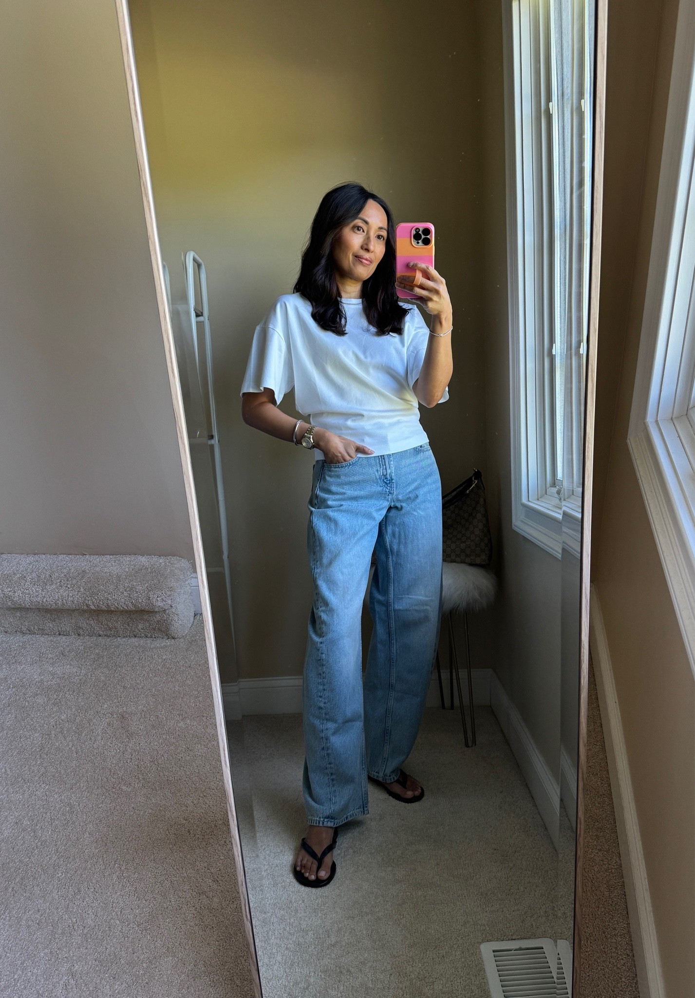 Budget friendly trendy jeans. These jeans are so cute. Like a relaxed barrel jeans cut. I was looking at designer versions in spring of this arc style, but didn’t want to invest in the trend. I sized down and took regular length. 
Top true to size. Elevated t-shirt in all cotton.

#LTKOver40 #LTKootd