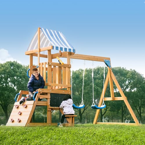 ROBOTIME Wooden Swing Set for Backyard, All-in-One Kids Outdoor Play Equipment with Swings, Slide, Climbing Rope Ladder, Outdoor Swing Playset for Kids Ages 3-10 | Amazon (US)