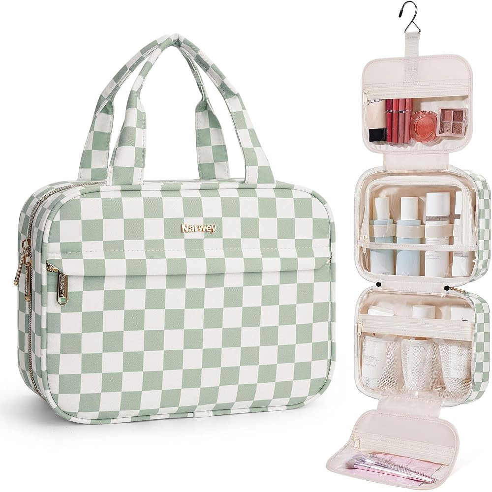 Narwey Hanging Toiletry Bag for Women Checkered Travel Makeup Bag Cosmetic Make Up Organizer Toil... | Amazon (US)