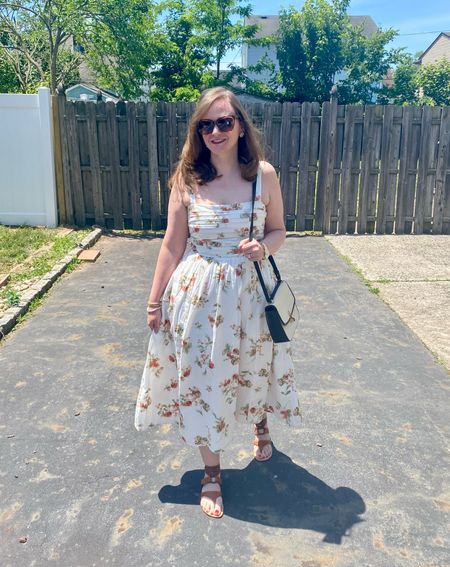 Cream midi dress with strawberry print. Fits TTS 
Brown gladiator sandals 

#LTKstyletip #LTKSeasonal #LTKshoecrush