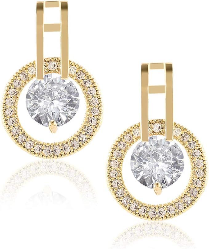 Uneekon Zirconia Round Stud for Women - 14k Gold Plated Sparkling Small Wedding Earrings | Amazon (US)