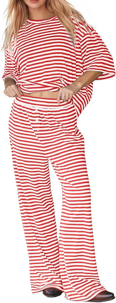 Ythomm Striped Pajamas Womens 2 Piece Lounge Sets Short Sleeve Tee Shirts Button Wide Leg Pants M... | Amazon (US)