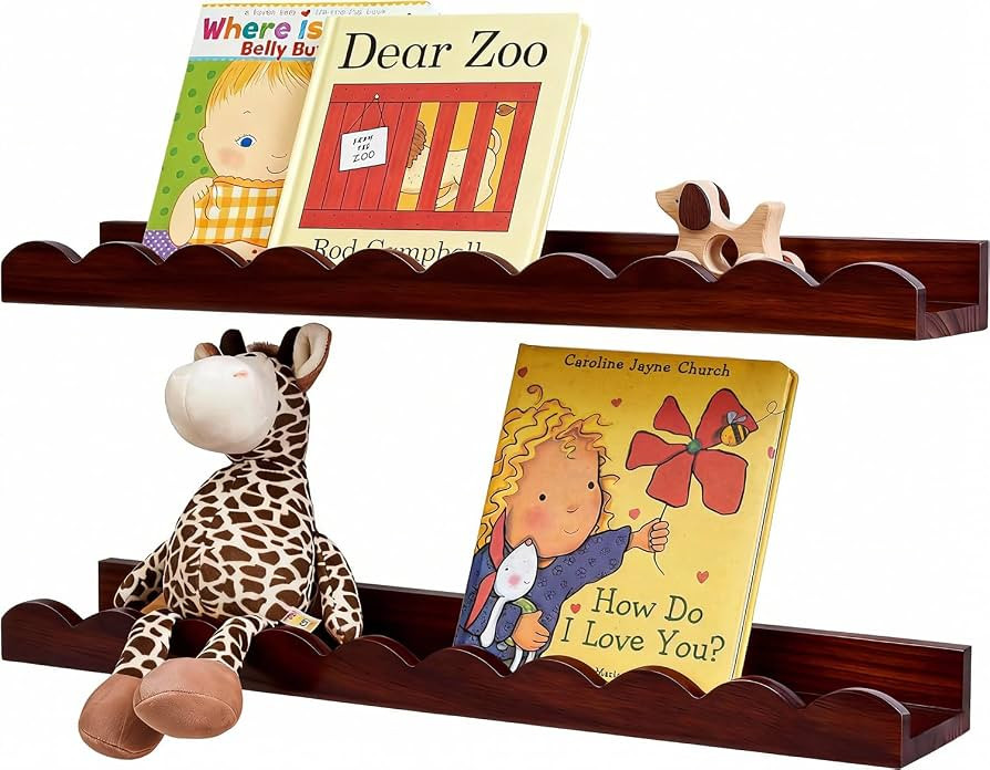 Walnut Scalloped Book Shelf, Dark Wood Nursery Book Shelves Set of 2 Pine Wooden Floating Bookshe... | Amazon (US)