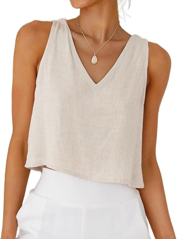 IDEALSANXUN Womens V Neck Cropped Cotton Linen Tank Tops Spring Summer Sleeveless Shirts | Amazon (US)