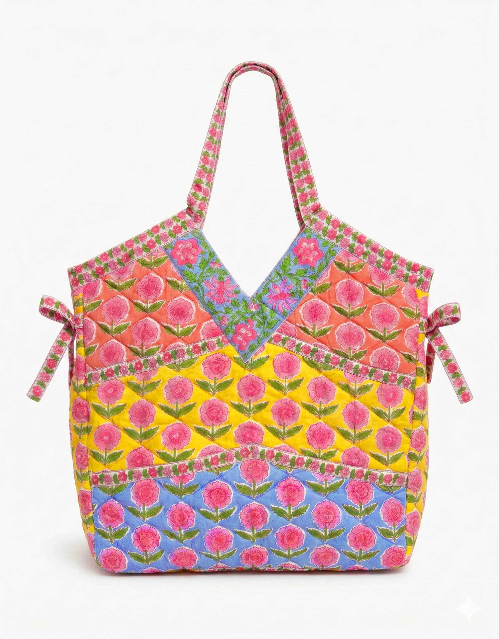 Patchwork Bag | Rainbow Floral Quilted Tote | Screen Print Cotton | Pink City Prints UK