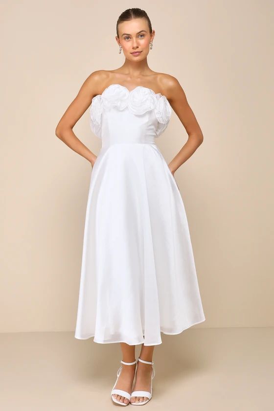 Idyllic Muse White Organza Rosette Strapless Midi Dress | Lulus