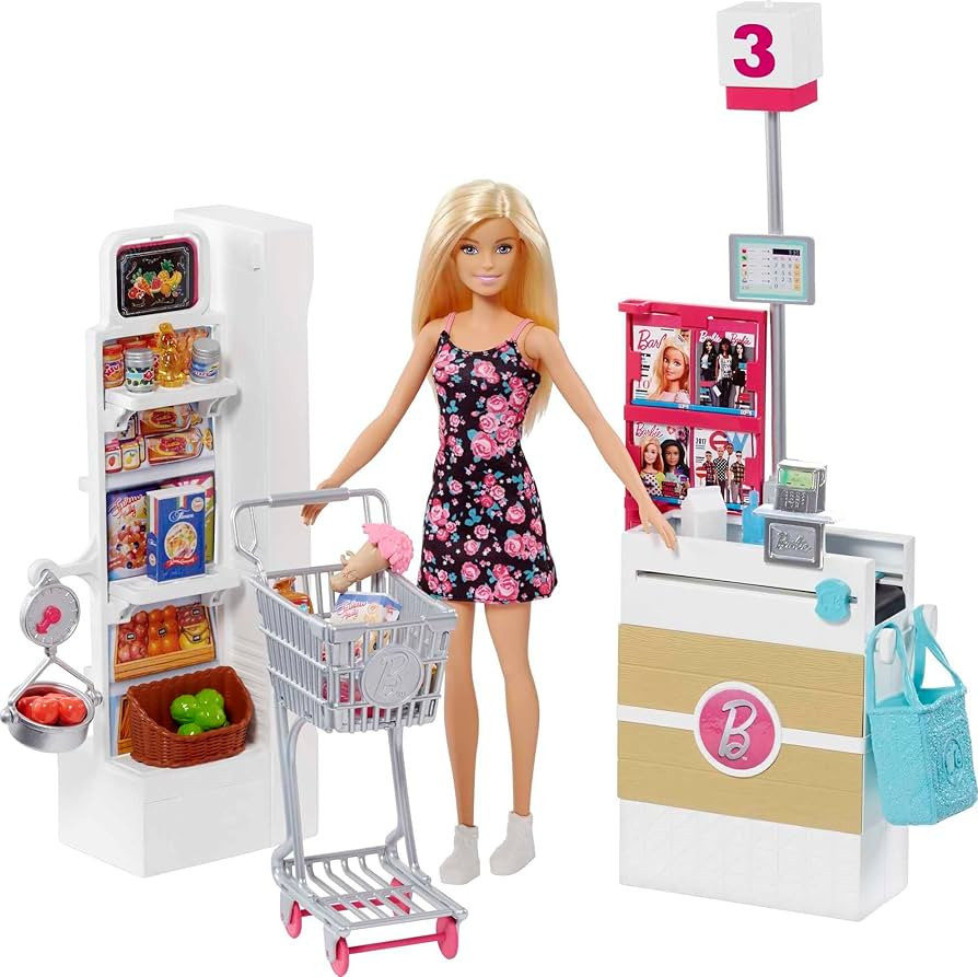 Barbie-Puppe, Supermarkt Barbie-Puppe mit blonden Haaren, Einkaufswagen, Kasse, Lebensmittelgesch... | Amazon (DE)