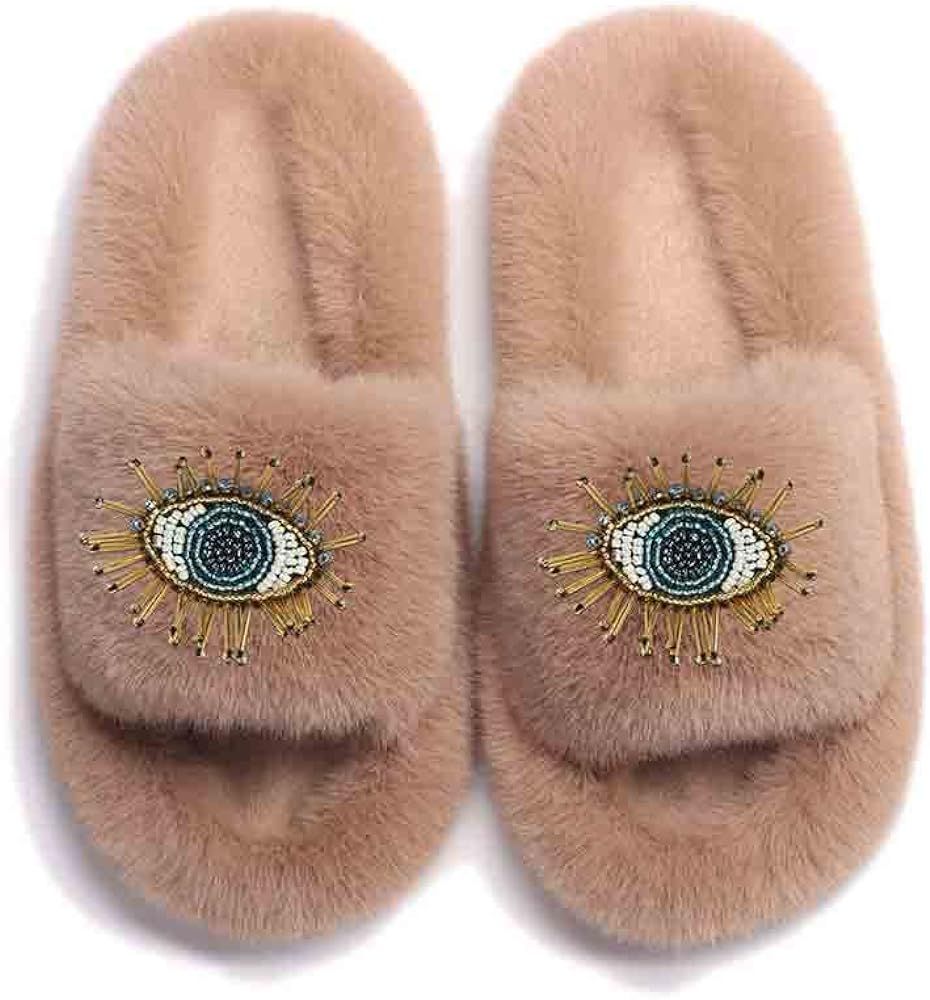 VAMPAR Fashion Khaki Designer Evil Eye Decor Women Slippers Furry Faux Fur Slide Fluffy Flip Flop... | Amazon (US)