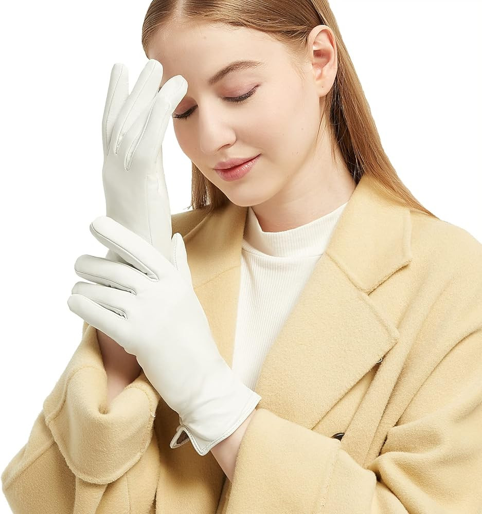 Leather Gloves for Women Winter Full Touch Screen Genuine Leather Warm Cashmere Knitted Lining | Amazon (US)