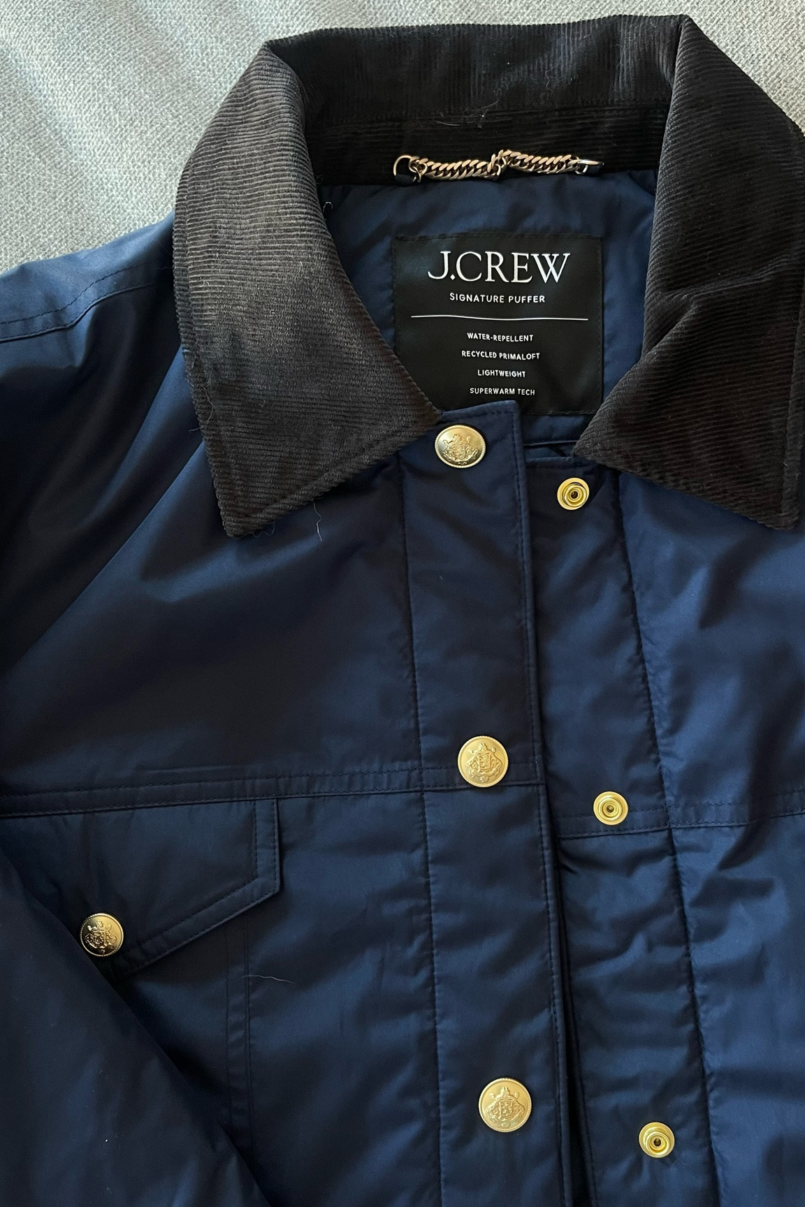 J.Crew Puffer trucker jacket in navy blue with gold details 
-60%off with code SHOPSALE