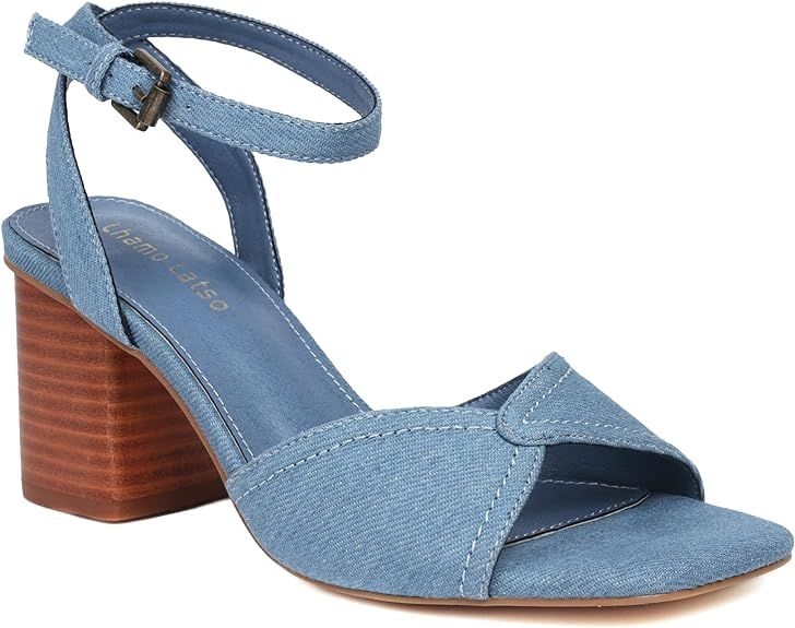 Women's Open Toe Canvas Jean Fabric Mid Heeled Sandals with Buckled Ankle Strap Cushioned Insole ... | Amazon (US)