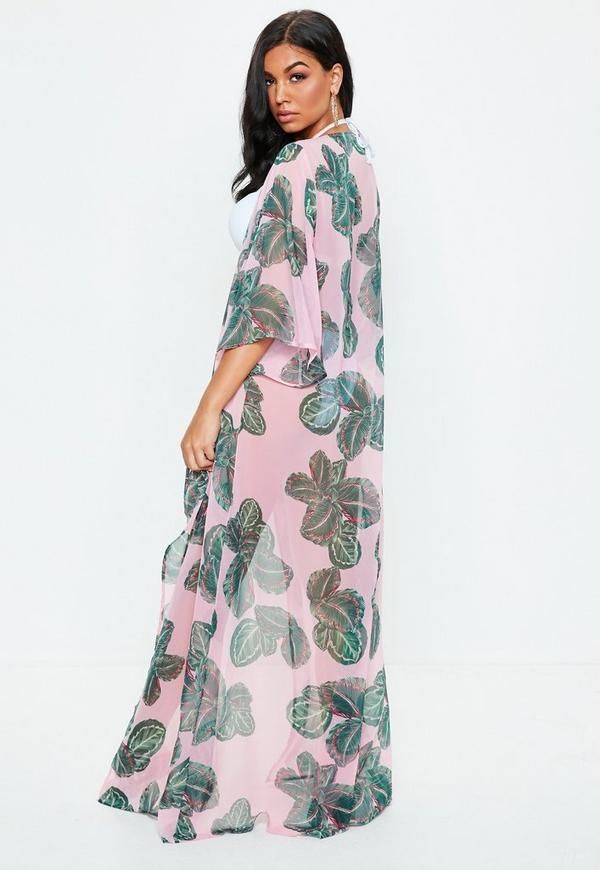 Pink Leaf Print Mesh Kimono Cover Up | Missguided (US & CA)