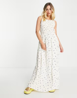 Pieces shirred sleeveless maxi dress in white ditsy floral | ASOS (Global)