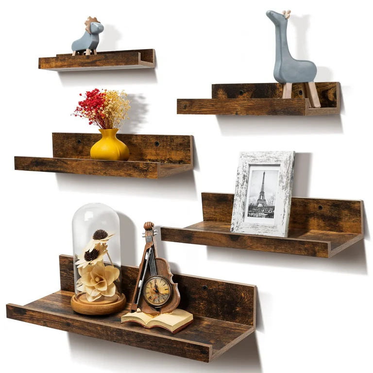 Floating Shelves, Upsimples Home Wood Shelf Wall Mounted, Set of 5, Multiple Sizes, Brown | Walmart (US)