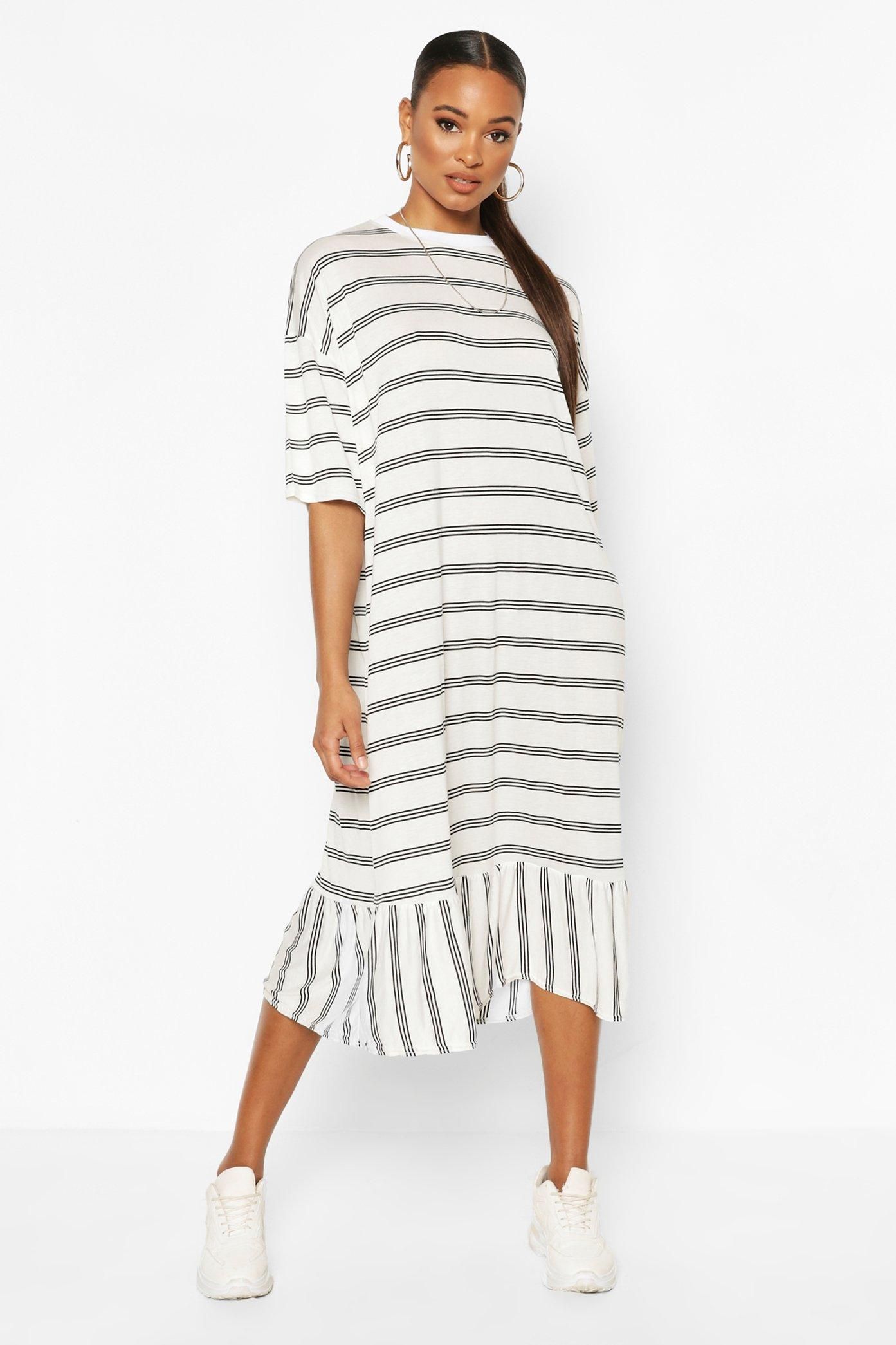 Striped Dropped Hem T-Shirt Midi Dress | Boohoo.com (UK & IE)
