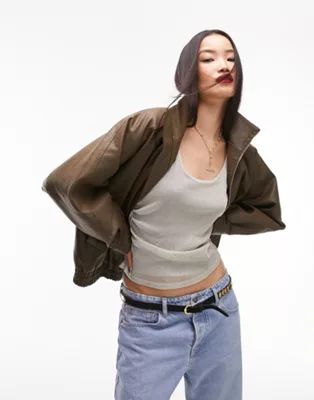 Topshop faux leather super wash 80s bomber jacket in brown | ASOS (Global)