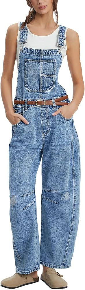 Ladyful Women's Denim Overall Casual Straight Wide Leg Bib Jeans Overall Adjustable Straps Denim ... | Amazon (US)