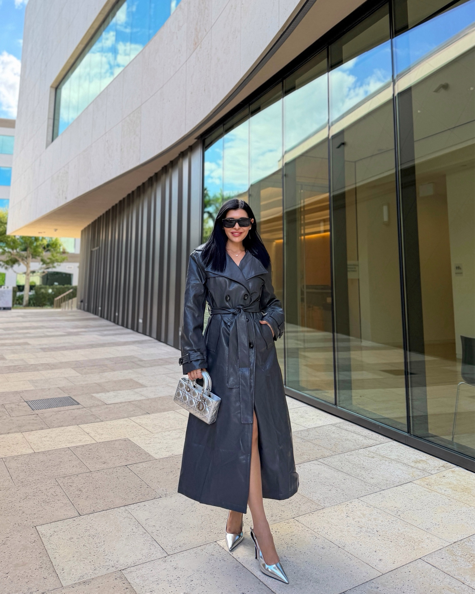 Grey faux leather trench coat 

#LTKSeasonal #LTKootd #LTKgrwm