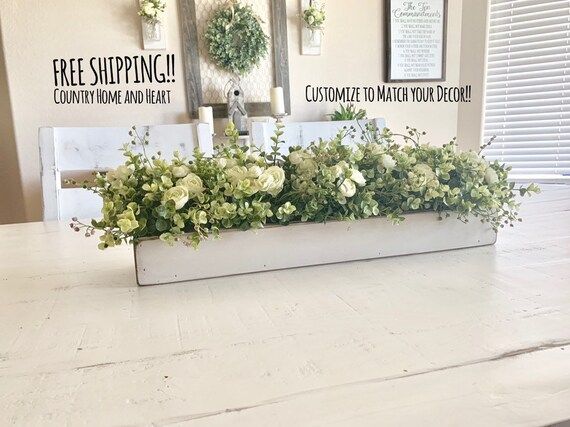 Farmhouse Planter Box Centerpiece with Greenery, Rustic Table Centerpiece, Floral Arrangements wi... | Etsy (US)