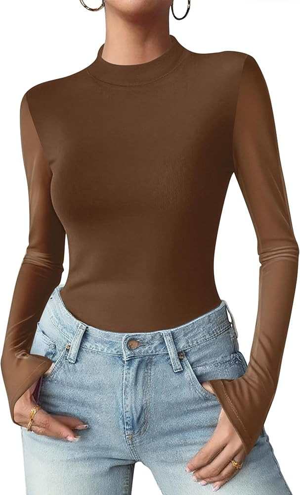 Zeagoo Womens Floral Mesh Long Sleeve Tops See Through Going Out Blouses Mock Neck Sheer Party Ou... | Amazon (US)