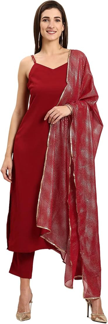 Women's Maroon Shoulder Strap Kurta With Pant And Dupatta | Amazon (US)