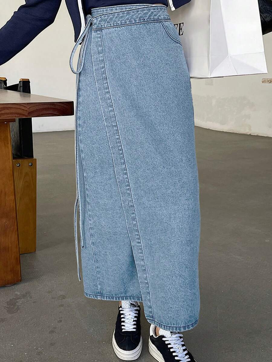 DAZY Women's Side Knotted Wrap Long Casual Denim Skirt Jeans Skirt | SHEIN