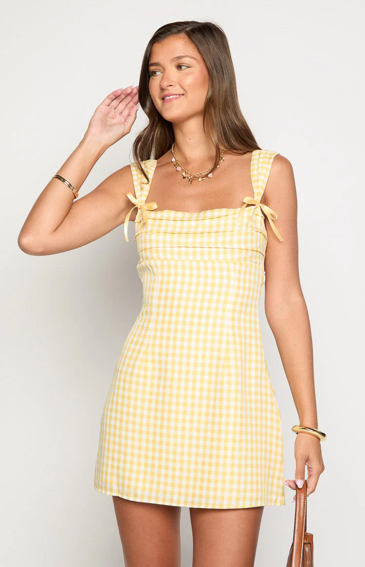Layla Yellow Gingham Tie Back Mini Dress | Beginning Boutique | Beginning Boutique (US)
