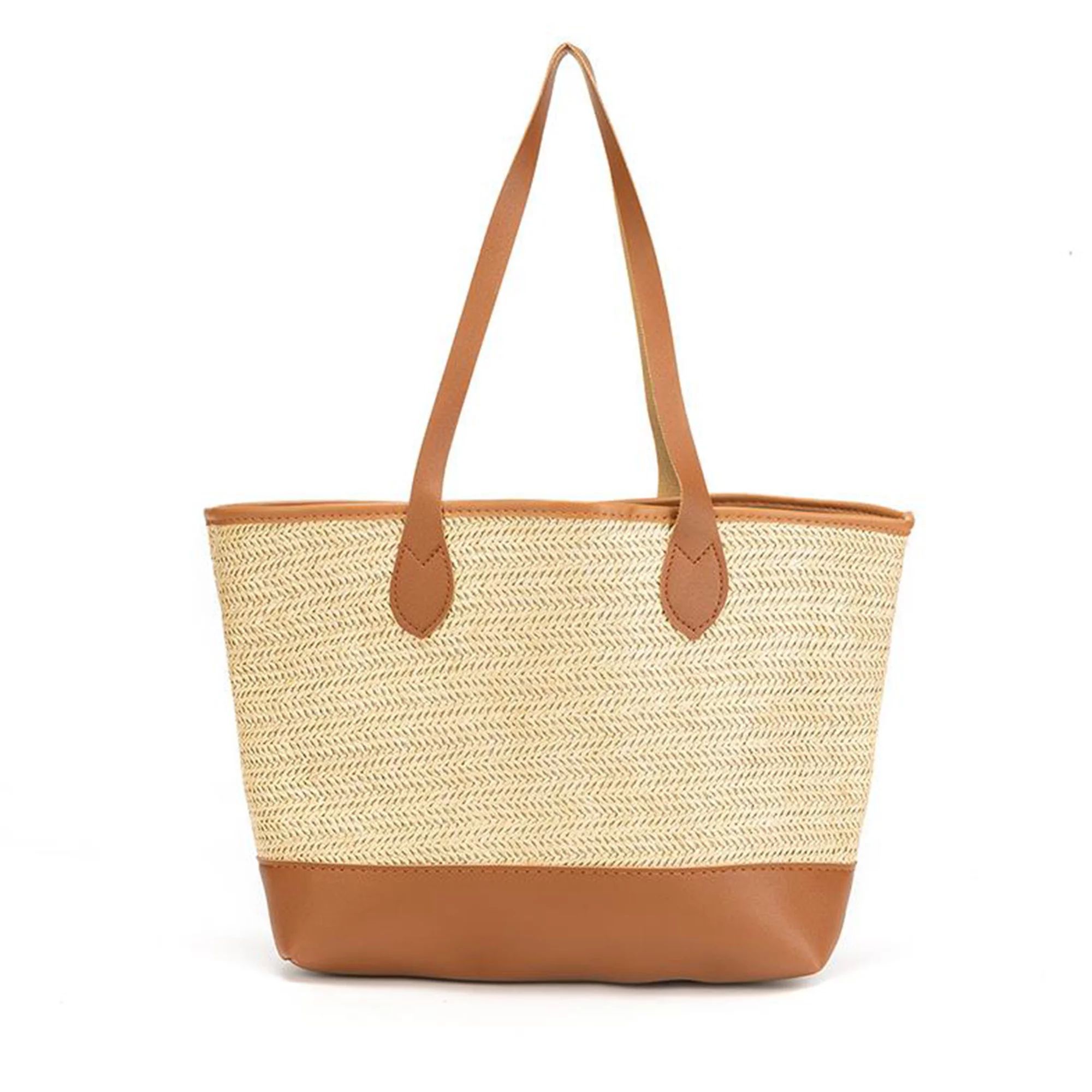 Pudcoco Women Simple Woven Bag Shopper Bag PU Leather Patchwork Beach Handbags - Walmart.com | Walmart (US)