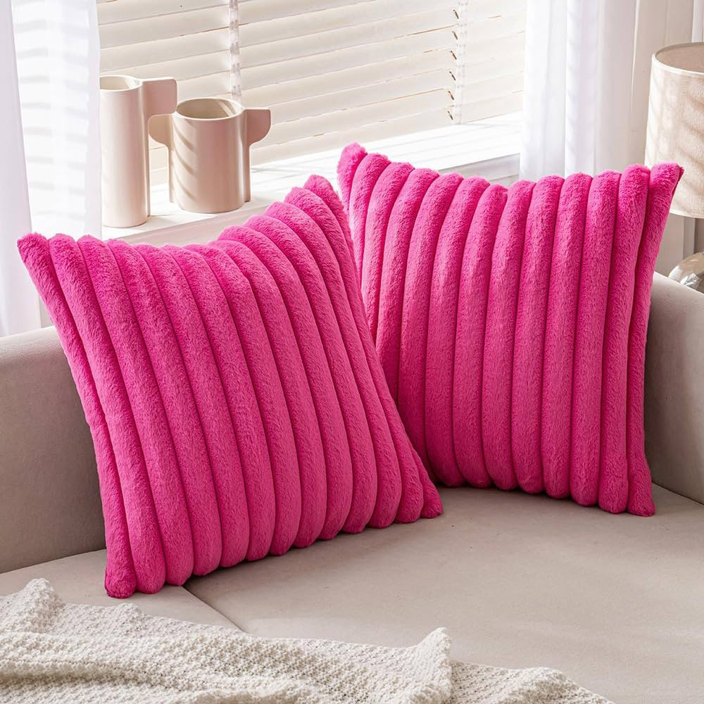 MIULEE Hot Pink Throw Pillow Covers 18x18 Inch Set of 2 Fuzzy Striped Soft Pillowcase with Velvet... | Amazon (US)