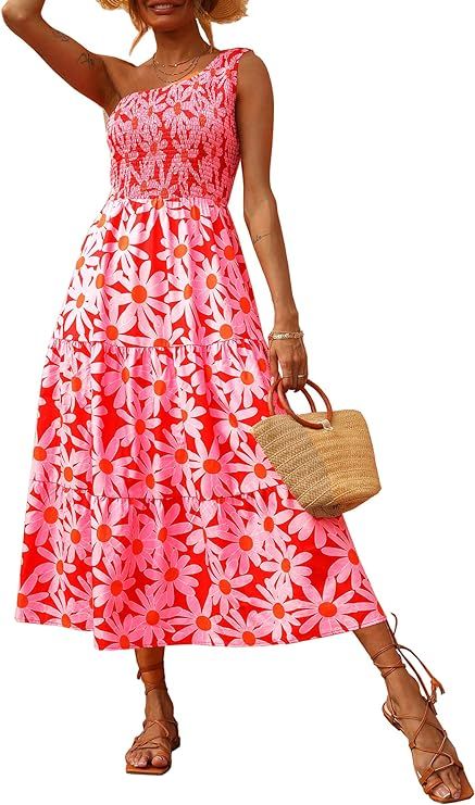 BTFBM Women One Shoulder Sleeveless Casual Summer Dresses 2023 Smocked High Waist Floral Flowy Be... | Amazon (US)
