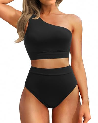 Holipick Black Women One Shoulder High Waisted Bikini Sets Two Piece Swimsuit Tummy Control Bathing Suit Full Coverage Swimwear L | Amazon (US)