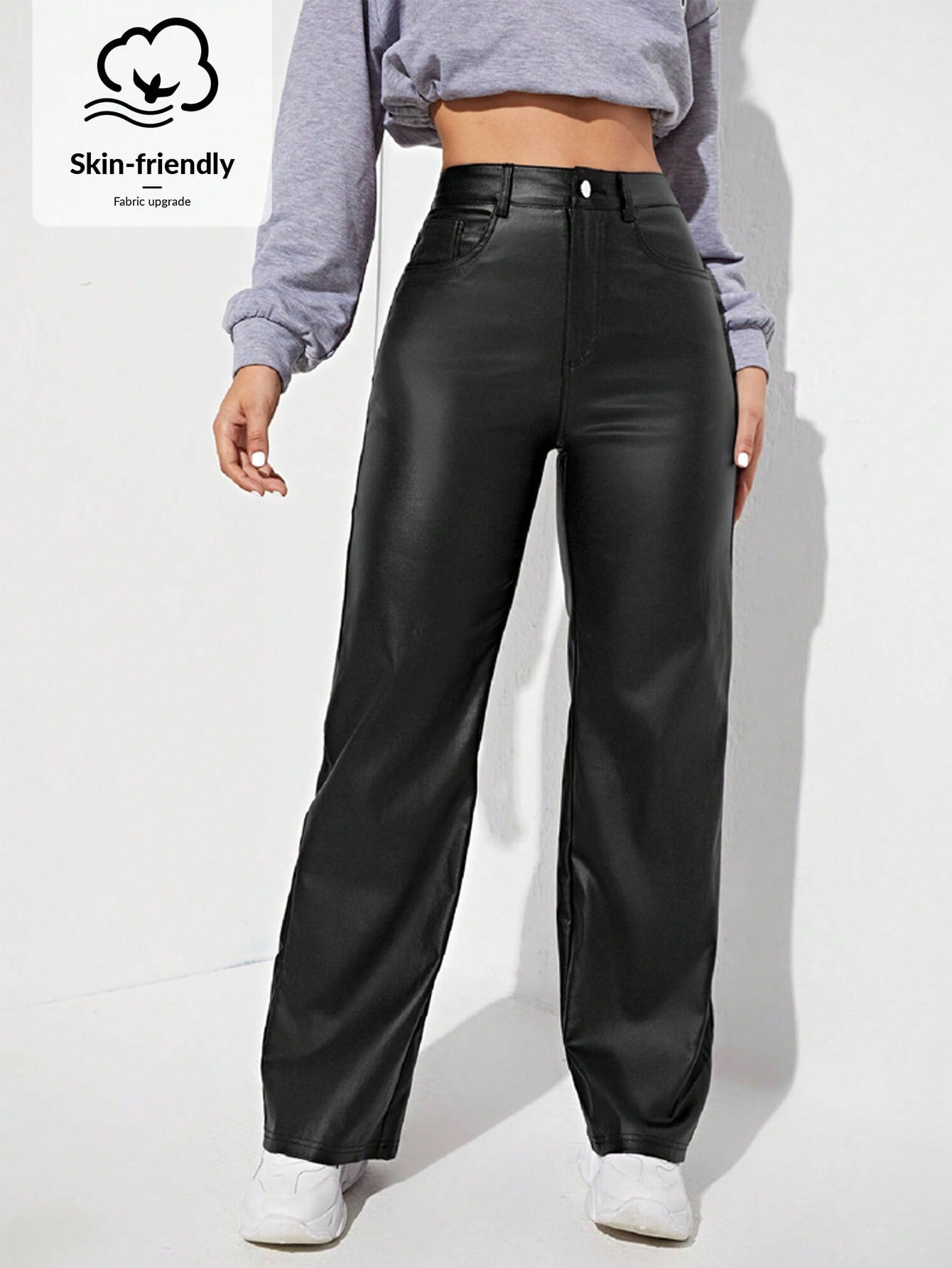 SHEIN MOOSTA Women's Solid Color PU Leather Pocket Straight Loose Casual Pants | SHEIN