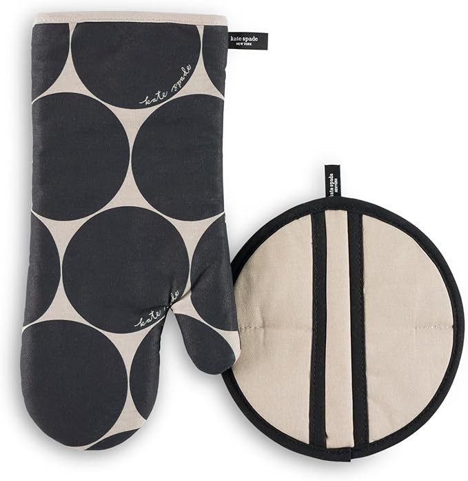 Kate Spade New York Joy Dot Oven Mitt & Pot Grabber 2-Pack Set, 7" x 13", 8" Round, Black/Beige | Amazon (US)