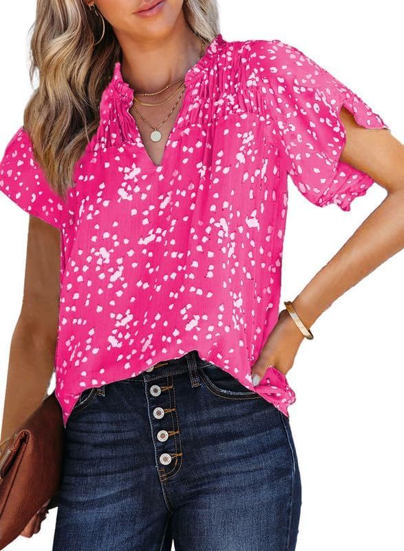 Dokotoo Women's Casual V Neck Alicia Floral Print Smocked Short Sleeve Chiffon Blouses Bohemian T... | Amazon (US)