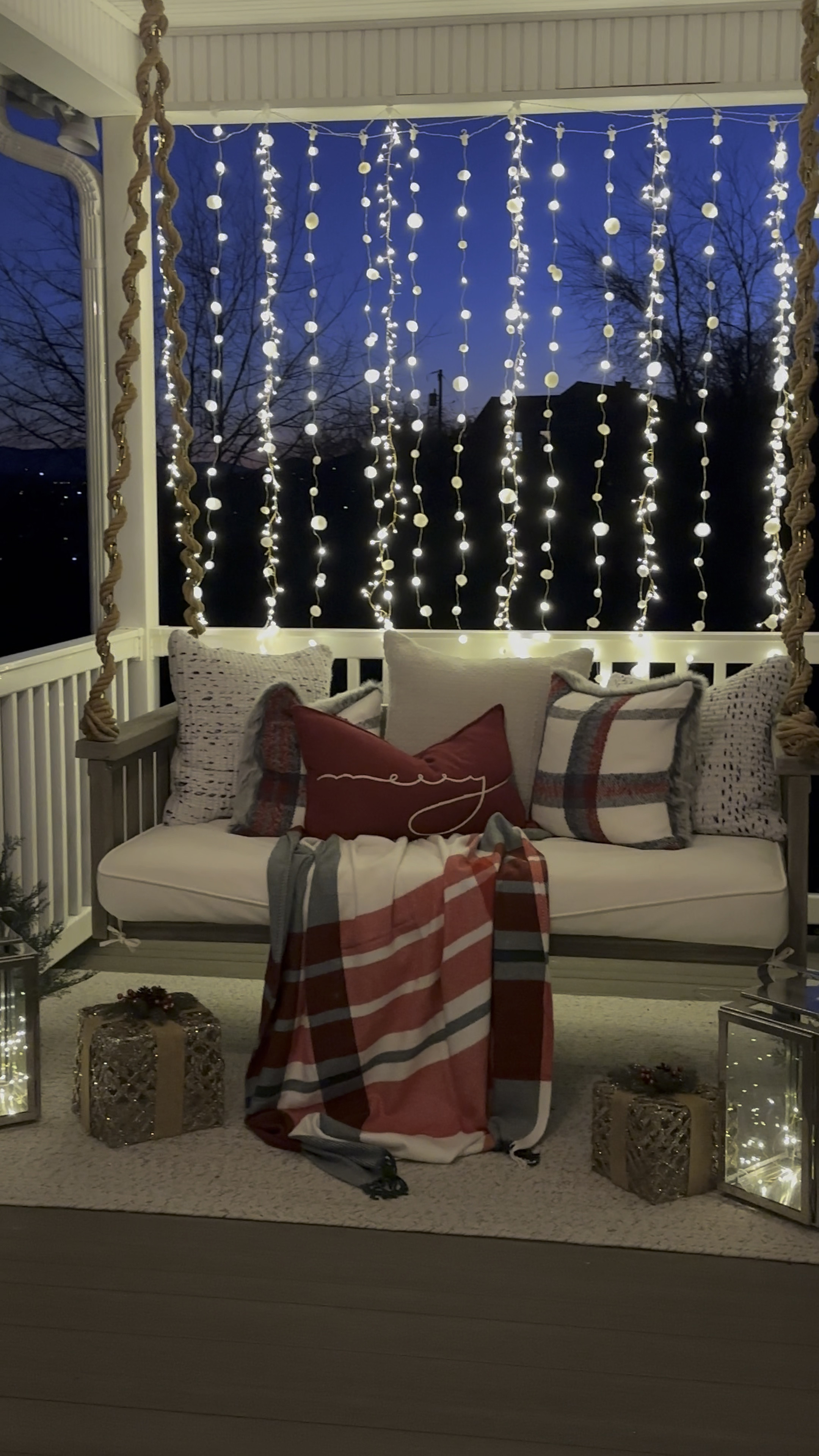 2023 Christmas porch swing reveal! 😍❤️✨🎄

Christmas porch swing | porch swing inspo | holiday inspo | Ballard designs porch swing | pottery barn throw pillows | crate and barrel lanterns | hobby lobby gift box decor | snowball lights | rain lights 

#LTKhome #LTKHoliday