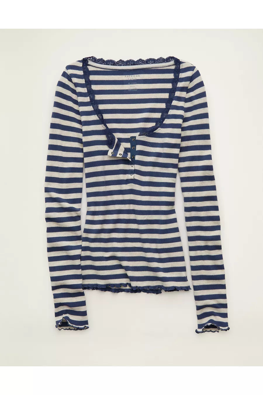 AE Cozy Waffle Lace Trim Henley T-Shirt Women's Navy M | American Eagle Outfitters (US & CA)