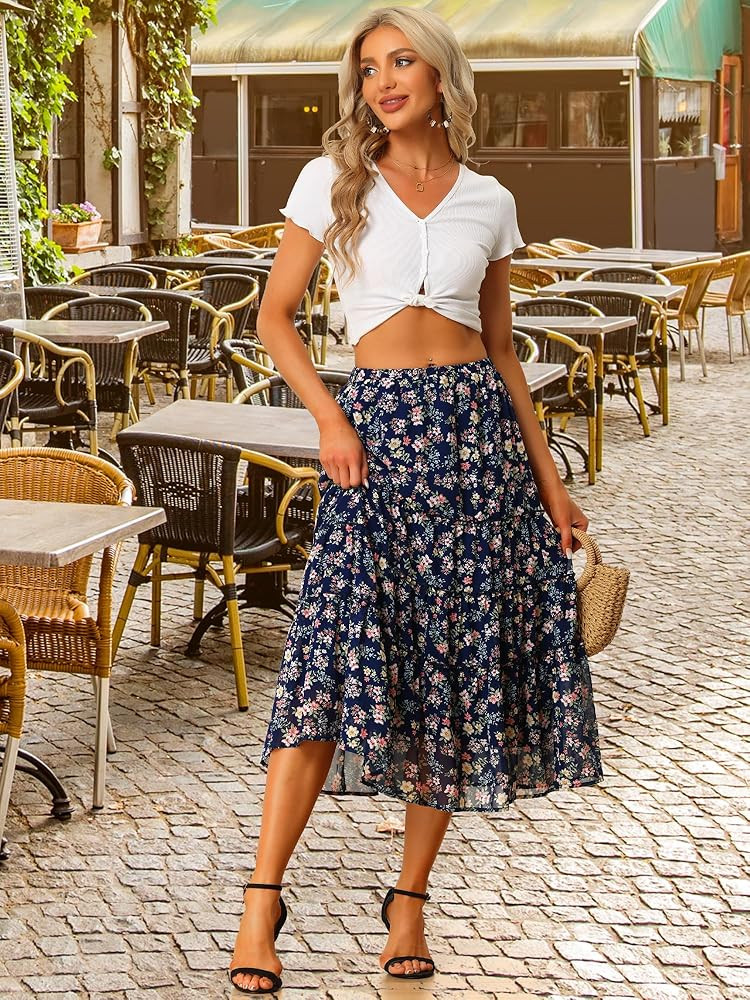 Allegra K Women's Floral Skirt Chiffon A-line Long Tiered Ruffle Boho Summer Midi Skirts | Amazon (US)