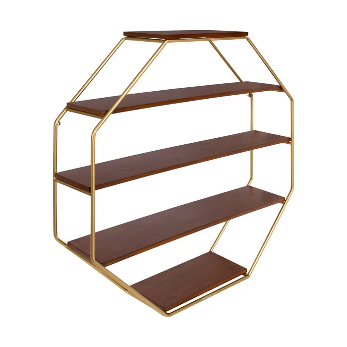 30.5" x 31" Lintz Wood Octagon Floating Wall Shelves Walnut Brown/Gold - Kate and Laurel | Target