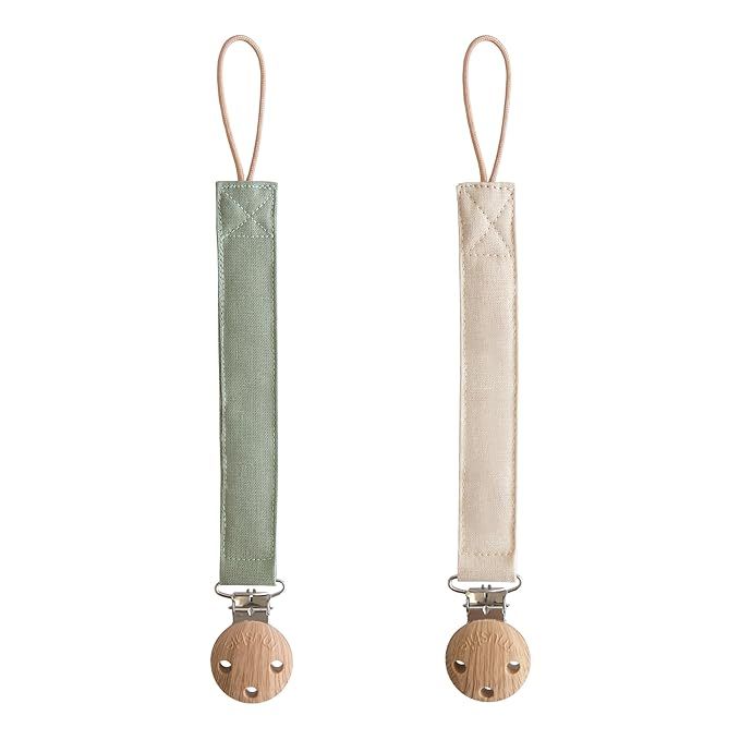 mushie Linen Baby Pacifier Clip Holder | Soft Fabric Strap, 2-Pack (Olive/Shifting Sand) | Amazon (US)